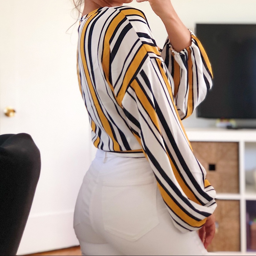 Flowy Striped Wrap Tie Blouse